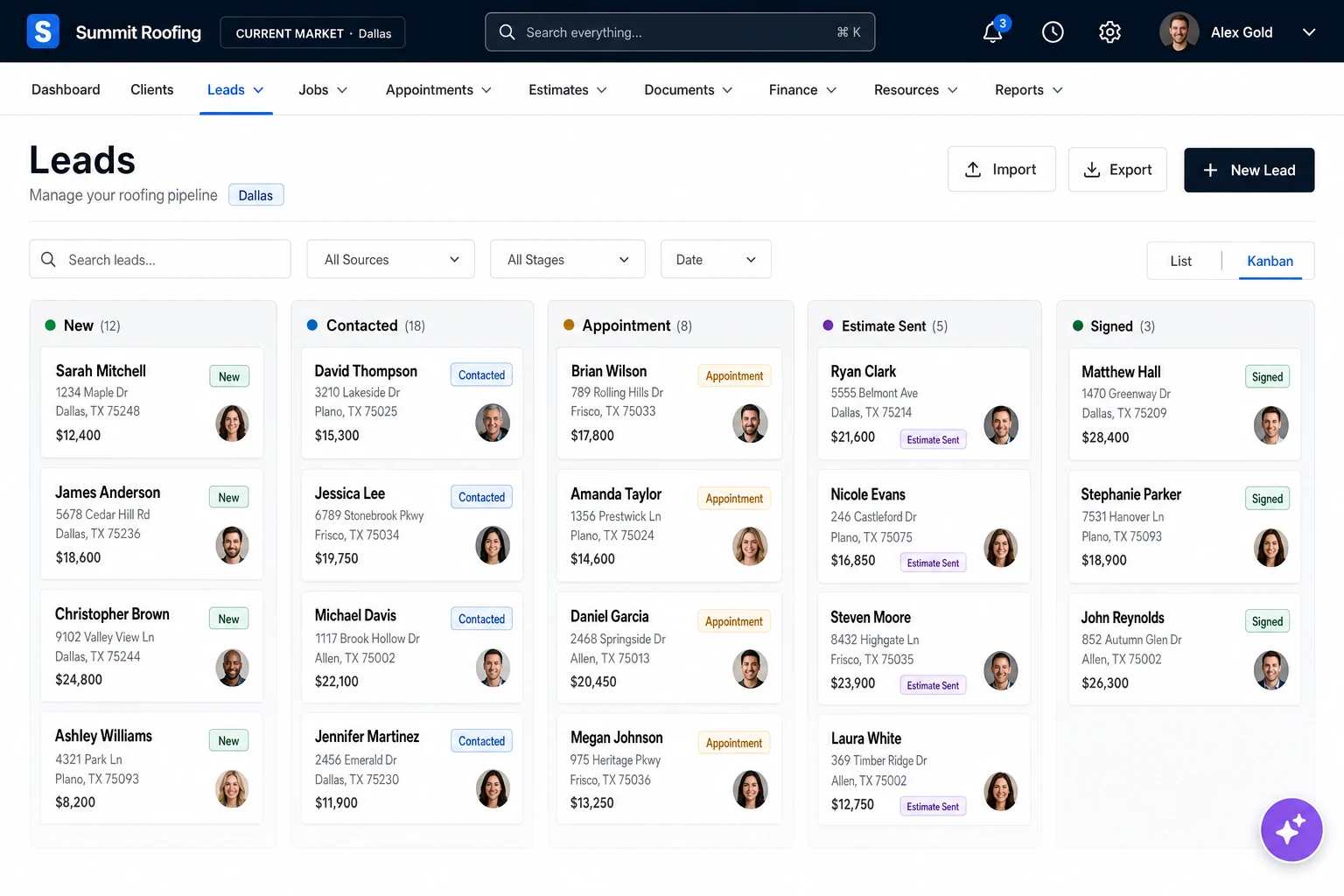 Skallix lead pipeline kanban — leads from the Skallix network landing in the New column